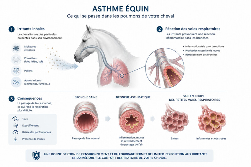 Infographie sur l'asthme équin et ses mécanismes
