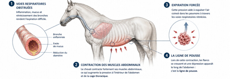 Schéma des bronches saines et enflammées chez le cheval