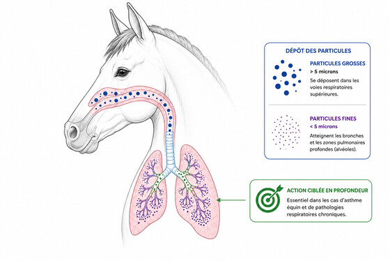 Schéma du dépôt des particules dans les voies respiratoires du cheval